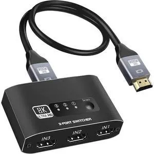 Aluminum HDMI 2.1 Switch 3 in 1 Out 3x1 Selector, 8K@60Hz 4K@120Hz 48Gbps HDMI Switcher VRR HDR10+ HDCP2.3 for PS5 Xbox Laptop Apple TV Roku Samsung LG Sony TV Monitor Projector Aluminum HDMI 2.1 Switch 3 in 1 Out 3x1 Selector, 8K@60Hz 4K@120Hz 48Gbps HDMI Switcher VRR HDR10+ HDCP2.3 for PS5 Xbox Laptop Apple TV Roku Samsung LG Sony TV Monitor Projector