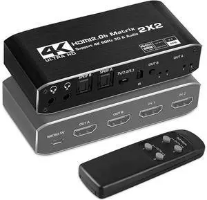 2x2 HDMI Matrix Switcher 2 In 2 Out with Optical L/R Audio Extractor, 4K@60Hz HDMI 2.0b Matrix Splitter IR Remote Control, 18.5Gbps HDCP2.2 HDR 3D RGB 8:8:8 Auto Scaling for TV Monitor Projector 2x2 HDMI Matrix Switcher 2 In 2 Out with Optical L/R Audio Extractor, 4K@60Hz HDMI 2.0b Matrix Splitter IR Remote Control, 18.5Gbps HDCP2.2 HDR 3D RGB 8:8:8 Auto Scaling for TV Monitor Projector