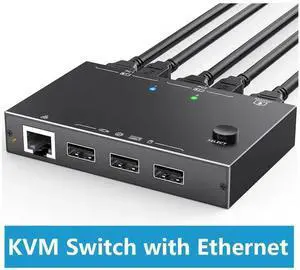 2 Port HDMI KVM Switch with Ethernet Port, 2 In 1 Out 4K@60Hz HDMI KVM Switcher for 2 PCs, Share One Monitor, Keyboard, Mouse and 3 USB Peripherals for Office Workstation Use 2 Port HDMI KVM Switch with Ethernet Port, 2 In 1 Out 4K@60Hz HDMI KVM Switcher for 2 PCs, Share One Monitor, Keyboard, Mouse and 3 USB Peripherals for Office Workstation Use
