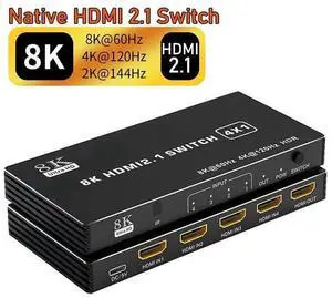 4-Port 8K HDMI 2.1 Switch 4 in 1 Out Video Selector Box, Support 8K@60Hz, 4K@120Hz, HDR and 3D, Equipped with IR Remote Control, Compatible with Xbox Series X, PS5, Desktop PC, Projector and Media Pla 4-Port 8K HDMI 2.1 Switch 4 in 1 Out Video Selector Box, Support 8K@60Hz, 4K@120Hz, HDR and 3D, Equipped with IR Remote Control, Compatible with Xbox Series X, PS5, Desktop PC, Projector and Media Pla