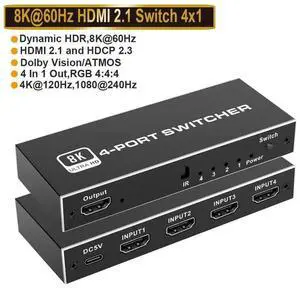 4 In 1 Out HDMI 2.1 8K Switch with IR Remote Control, 48Gbps Bandwidth HDMI Switcher Supports 8K@60Hz, 4K@120Hz & 4K@60Hz, Compatible with PS5, PS4, Xbox Series, Nintendo Switch and Fire TV Stick 4 In 1 Out HDMI 2.1 8K Switch with IR Remote Control, 48Gbps Bandwidth HDMI Switcher Supports 8K@60Hz, 4K@120Hz & 4K@60Hz, Compatible with PS5, PS4, Xbox Series, Nintendo Switch and Fire TV Stick