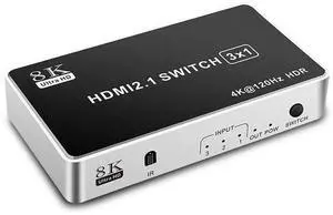 3 In 1 Out HDMI 2.1 8K HDMI Switcher, 3-Port Ultra High Refresh Rate HDMI Switch Box Supports 8K Resolution and 240Hz High Frame Rate for Game Consoles, Laptops and Media Players 3 In 1 Out HDMI 2.1 8K HDMI Switcher, 3-Port Ultra High Refresh Rate HDMI Switch Box Supports 8K Resolution and 240Hz High Frame Rate for Game Consoles, Laptops and Media Players