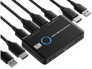 2 Port HDMI KVM Switch 4K@60Hz, 2 Computers Share 1 Monitor Keyboard Mouse with One Button Control, Plug and Play KVM Switcher Includes 2 HDMI Cables & 2 USB Cables for Desktop Laptop 2 Port HDMI KVM Switch 4K@60Hz, 2 Computers Share 1 Monitor Keyboard Mouse with One Button Control, Plug and Play KVM Switcher Includes 2 HDMI Cables & 2 USB Cables for Desktop Laptop