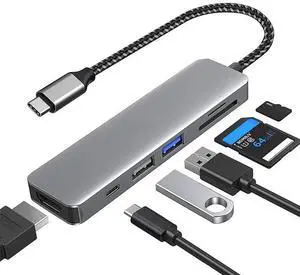 6-in-1 USB C Multiport Hub, Type C Adapter with HDMI Output, USB3.0, USB2.0, SD TF Card Reader & 100W PD Charging Port, Nylon Braided Portable Docking Station for Laptops & PCs, Gray 6-in-1 USB C Multiport Hub, Type C Adapter with HDMI Output, USB3.0, USB2.0, SD TF Card Reader & 100W PD Charging Port, Nylon Braided Portable Docking Station for Laptops & PCs, Gray