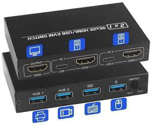 2 Port HDMI KVM Switch 4K@30Hz, 2 in 1 Out KVM HDMI Switcher for 2 PCs Sharing One Monitor, Keyboard, Mouse & Printer, Equipped with 2 Pack USB 2.0 Connection Cables 2 Port HDMI KVM Switch 4K@30Hz, 2 in 1 Out KVM HDMI Switcher for 2 PCs Sharing One Monitor, Keyboard, Mouse & Printer, Equipped with 2 Pack USB 2.0 Connection Cables