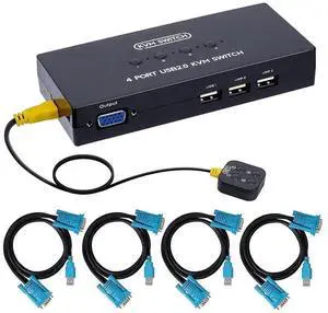 4 Port VGA USB KVM Switch Box, 4 PCs Share 1 VGA Monitor and 3 USB Ports for Keyboard, Mouse, Scanner & Printer, Comes with 4 Pack KVM Connection Cables and External Desktop Controller 4 Port VGA USB KVM Switch Box, 4 PCs Share 1 VGA Monitor and 3 USB Ports for Keyboard, Mouse, Scanner & Printer, Comes with 4 Pack KVM Connection Cables and External Desktop Controller