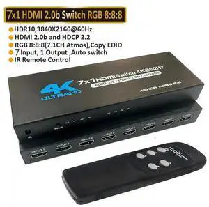 7 Port Metal HDMI 2.0 Switch 7 in 1 Out with IR Remote Control, 7x1 HDMI Switch Splitter Supports 4K@60Hz HDCP 2.2, 3D 2160P 1080P UHD HDR, Compatible with PS3 PS4 Xbox Game Consoles Model eokCXOY 7 Port Metal HDMI 2.0 Switch 7 in 1 Out with IR Remote Control, 7x1 HDMI Switch Splitter Supports 4K@60Hz HDCP 2.2, 3D 2160P 1080P UHD HDR, Compatible with PS3 PS4 Xbox Game Consoles Model eokCXOY