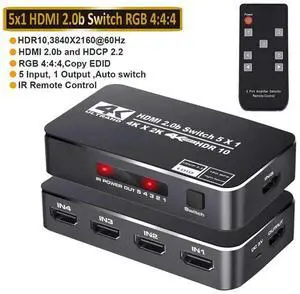 5 Port HDMI 2.0 Switch 4K@60Hz HDR HDMI Switcher Selector with IR Remote Control, 18.5Gbps Bandwidth Supports Dolby Vision, HDR10, HDCP 2.2 and 3D for TV, Game Consoles and Media Players 5 Port HDMI 2.0 Switch 4K@60Hz HDR HDMI Switcher Selector with IR Remote Control, 18.5Gbps Bandwidth Supports Dolby Vision, HDR10, HDCP 2.2 and 3D for TV, Game Consoles and Media Players