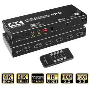4x2 HDMI Matrix Switch 4K@60Hz HDMI 2.0b 4 In 2 Out Video Splitter with IR Remote Control & EDID Management, Support HDCP2.2, HDR10, 3D Ultra HD for Monitor TV Projector 4x2 HDMI Matrix Switch 4K@60Hz HDMI 2.0b 4 In 2 Out Video Splitter with IR Remote Control & EDID Management, Support HDCP2.2, HDR10, 3D Ultra HD for Monitor TV Projector