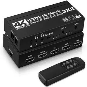 3x2 HDMI 2.0 Matrix Switch 4K@60Hz 3 In 2 Out Video Distributor with Separate Dual Audio Output, IR Remote Control, HDCP 2.2, HDR and 3D Supported for Home Theater Multi-Room Display System 3x2 HDMI 2.0 Matrix Switch 4K@60Hz 3 In 2 Out Video Distributor with Separate Dual Audio Output, IR Remote Control, HDCP 2.2, HDR and 3D Supported for Home Theater Multi-Room Display System