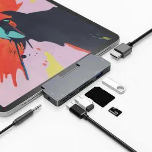 6-in-1 USB C Hub Docking Station Designed for iPad Pro 11/12.9 Inch 2018 2020 2021 & iPad Air 4, Multiport Adapter with 4K HDMI, 3.5mm Audio Jack, Dual USB3.0, USB-C PD Charging & Data Port, Compatibl 6-in-1 USB C Hub Docking Station Designed for iPad Pro 11/12.9 Inch 2018 2020 2021 & iPad Air 4, Multiport Adapter with 4K HDMI, 3.5mm Audio Jack, Dual USB3.0, USB-C PD Charging & Data Port, Compatibl