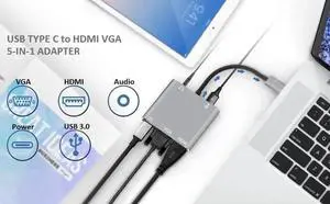 5 in 1 USB C Multiport Adapter with 4K HDMI, 1080P VGA, USB 3.0 Data Port, USB-C PD Charging and 3.5mm Audio Jack, Type C Converter Compatible with MacBook Dell XPS Switch Samsung Devices 5 in 1 USB C Multiport Adapter with 4K HDMI, 1080P VGA, USB 3.0 Data Port, USB-C PD Charging and 3.5mm Audio Jack, Type C Converter Compatible with MacBook Dell XPS Switch Samsung Devices