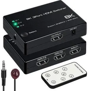 3 in 1 Out HDMI 2.1 Switch 8K@60Hz 4K@120Hz, 3 Port 48Gbps Auto HDMI Switcher 3x1 Selector with IR Remote Control, Support HDCP2.3 HDR10+ 1080P@240Hz for PS5 PS4 Xbox UHD TV 3 in 1 Out HDMI 2.1 Switch 8K@60Hz 4K@120Hz, 3 Port 48Gbps Auto HDMI Switcher 3x1 Selector with IR Remote Control, Support HDCP2.3 HDR10+ 1080P@240Hz for PS5 PS4 Xbox UHD TV