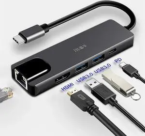 5 in 1 USB C Multiport Docking Hub with Gigabit 1000Mbps RJ45 Ethernet, 4K HDMI Video Output, 2 USB 3.0 Data Ports and USB-C 100W PD Charging, Compatible with MacBook Pro and All USB-C Windows Laptops 5 in 1 USB C Multiport Docking Hub with Gigabit 1000Mbps RJ45 Ethernet, 4K HDMI Video Output, 2 USB 3.0 Data Ports and USB-C 100W PD Charging, Compatible with MacBook Pro and All USB-C Windows Laptops