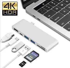 USB C Type-C Hub, MacBook Adapter, 6-in-1 USB-C Hub with USB-C PD Charging Port, 4K*2K HDMI, 2xUSB 3.0 Ports, SD/MicroSD Card Reader for 2016/2017 MacBook 13" 15"- Silver USB C Type-C Hub, MacBook Adapter, 6-in-1 USB-C Hub with USB-C PD Charging Port, 4K*2K HDMI, 2xUSB 3.0 Ports, SD/MicroSD Card Reader for 2016/2017 MacBook 13" 15"- Silver