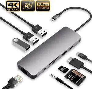 9-in-1 USB C Multiport Hub Adapter USB 3.1 PD Charging Docking Station with HDMI, Gigabit RJ45, USB 3.0, USB-C Port, SD TF Card Reader Compatible with MacBook Pro 2017 2018 2019 Chromebook USB-C Lapto 9-in-1 USB C Multiport Hub Adapter USB 3.1 PD Charging Docking Station with HDMI, Gigabit RJ45, USB 3.0, USB-C Port, SD TF Card Reader Compatible with MacBook Pro 2017 2018 2019 Chromebook USB-C Lapto