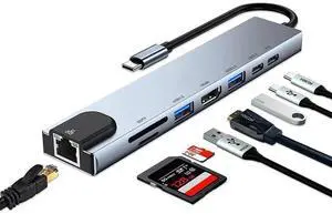 8-in-1 USB C Multiport Hub Adapter with 4K HDMI, Gigabit RJ45 Ethernet, USB-C PD Charging, USB3.0, USB2.0, SD TF Card Reader and USB-C Data Port for All Type-C Laptops 8-in-1 USB C Multiport Hub Adapter with 4K HDMI, Gigabit RJ45 Ethernet, USB-C PD Charging, USB3.0, USB2.0, SD TF Card Reader and USB-C Data Port for All Type-C Laptops
