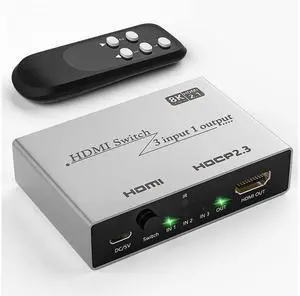 HDMI 2.1 3 In 1 Out Switcher 8K@60Hz 4K@120Hz, 48Gbps Ultra High Speed HDMI Splitter with IR Remote Control, Compatible with PS5 PS4, Monitor, Projector and Game Consoles HDMI 2.1 3 In 1 Out Switcher 8K@60Hz 4K@120Hz, 48Gbps Ultra High Speed HDMI Splitter with IR Remote Control, Compatible with PS5 PS4, Monitor, Projector and Game Consoles