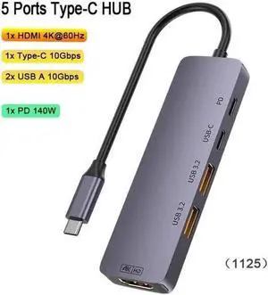 5-in-1 USB 3.2 Gen 2 Hub 10Gbps Multiport Adapter with 4K@60Hz HDMI Output, 140W PD Pass-Through Charging, 2 USB-A 3.2 Ports, USB Splitter Compatible with Laptop Chromebook Surface Pro iMac PS4 Xbox F 5-in-1 USB 3.2 Gen 2 Hub 10Gbps Multiport Adapter with 4K@60Hz HDMI Output, 140W PD Pass-Through Charging, 2 USB-A 3.2 Ports, USB Splitter Compatible with Laptop Chromebook Surface Pro iMac PS4 Xbox F
