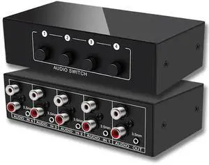 4 in 1 Out Bi-Directional Analog Stereo Audio Switcher, 3.5mm AUX & RCA L/R A/B Audio Selector Box, Supports Bidirectional Signal Switch for Speakers Amplifiers MP3 Phone Laptop TV Sound System 4 in 1 Out Bi-Directional Analog Stereo Audio Switcher, 3.5mm AUX & RCA L/R A/B Audio Selector Box, Supports Bidirectional Signal Switch for Speakers Amplifiers MP3 Phone Laptop TV Sound System