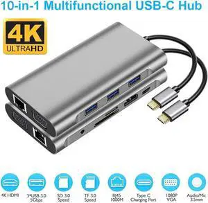 10 in 1 USB C Docking Station Multiport Hub with Gigabit Ethernet, 4K HDMI, VGA, 100W PD Charging, SD TF Card Reader, 3 USB Ports and Audio Mic Jack for MacBook Chromebook USB-C Laptops 10 in 1 USB C Docking Station Multiport Hub with Gigabit Ethernet, 4K HDMI, VGA, 100W PD Charging, SD TF Card Reader, 3 USB Ports and Audio Mic Jack for MacBook Chromebook USB-C Laptops