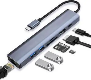 7 in 1 Aluminum USB C Multiport Hub with Gigabit Ethernet, 4K HDMI, Dual USB3.0, SD TF Card Reader and 100W PD Charging Port, Portable Expander for Laptop iMac PC USB Flash Drives 7 in 1 Aluminum USB C Multiport Hub with Gigabit Ethernet, 4K HDMI, Dual USB3.0, SD TF Card Reader and 100W PD Charging Port, Portable Expander for Laptop iMac PC USB Flash Drives