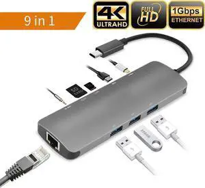 9 in 1 USB C Multiport Docking Hub with 4K HDMI, Gigabit Ethernet, 3 USB3.0, PD Charging, 3.5mm Audio Mic Jack, SD TF Card Reader for MacBook Pro and All USB-C Laptops 9 in 1 USB C Multiport Docking Hub with 4K HDMI, Gigabit Ethernet, 3 USB3.0, PD Charging, 3.5mm Audio Mic Jack, SD TF Card Reader for MacBook Pro and All USB-C Laptops