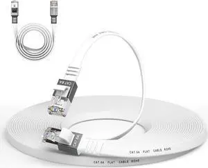 Cat 6a Ethernet Cable 50 Ft,Durable Flat Internet Network LAN Cable with 1.5Ft Short Patch Cord, Slim High Speed Gigabit Computer Wire with RJ45 Connectors, Faster Than Cat6/Cat5e/Cat5 Cable - White