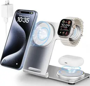 3 in 1 Wireless Charging Station for Multiple Devices, RR SPORTS Foldable Metal Wireless Charger Stand for MagSafe for iPhone 15/14/13/12 Series,iWatch 2-9/Ultra,AirPods Pro(with Adapter,Silver)