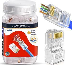 RJ45 Cat6 Cat6a Connector Pass Through 23AWG 100-PACK Gold Plated 8P8C Ethernet Ends for Unshielded Twisted Pair Solid Wire & Standard Cables
