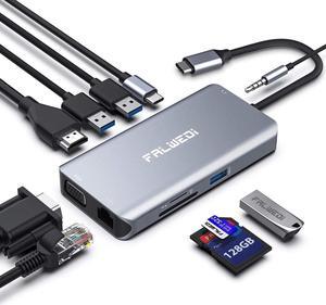 USB C Hub, Type C Adapter, Falwedi 10-in-1 Dongle with Ethernet, 4K@30Hz HDMI, VGA, 3 USB3.0, SD/TF Card Reader, Audio, USB-C PD 3.0, Compatible for MacBook Air Pro and Other Type C Laptops