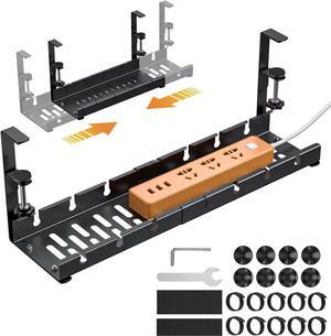 Under Desk Cable Management Tray,JIEJIEGS Expandable Metal Cords Management Box with Desk Clamp Super Sturdy Metal, No Drill,Stable Cords Organizer for Home and Office-Black