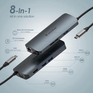 8-in-1 USB C Hub Docking Station, WAVLINK USB C Adapter with 4K HDMI, VGA, 87W PD, TF/SD Reader, Ethernet, USB 3.0, Compatible with MacBook, iPad, Surface, Steam Deck or Other Type C Devices
