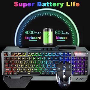 Wireless Gaming Keyboard Mouse Bluetooth Headset Kit with 16 RGB Backlit Rechargeable Battery Metal Mechanical Ergonomic Waterproof Dustproof Removable Palm Rest for Laptop PC Gamer(Rainbow RGB)