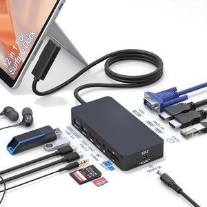 Surface Docking Station, 12 in 1 Triple Display Surface Dock (2*HDMI +VGA),Docking Station for Surface Pro 9/8/X/7/6/5/4/3, Surface Laptop 5/Go/4/3/2/1, Surface Book 3/2, Surface Book