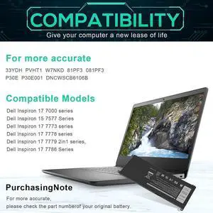 33YDH Laptop Battery for Dell Inspiron 17 7000 7778 7779 7786 7773 15 7577 G3 3579 3779 G5 5587 G7 7588 Latitude 13 3380 14 3490 15 3590 3580 PVHT1 P30E 81PF3 081PF3 [15.2V 56Wh]