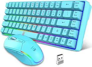 Snpurdiri 60% Wireless Gaming Keyboard and Mouse Combo,LED Backlit Rechargeable 2000mAh Battery,Small Membrane But Mechanical Feel Keyboard + 6D 3200DPI Mice for Gaming,Business OfficeBlue