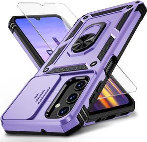 for Samsung Galaxy A15 5G Case with Slide Lens Cover, HD Screen Protector, Military Grade Drop Protection, Magnetic Rotated Ring Holder Kickstand Phone Case, Lavender