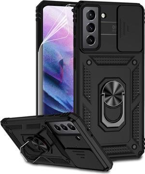 for Samsung Galaxy S21 Case with Camera Lens Cover HD Screen Protector, Dual Layer Military-Grade Drop Tested Magnetic Ring Holder Kickstand Protective Phone Case for Samsung Galaxy S21 5G (Black)
