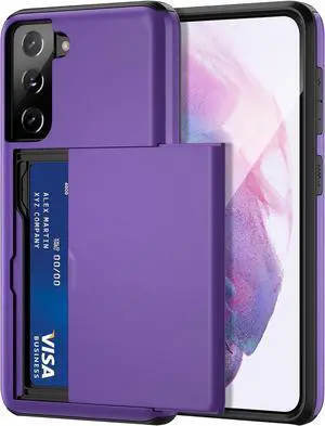 for Samsung S21 Case, Galaxy S21 Case Credit Card IDs Cash Holder Shell Wallet Case Slide Cover Dual Layer Hard PC Soft Rubber Cover Phone Case for Samsung Galaxy S21 5G 6.2'' 2021 Purple