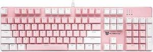Merdia Mechanical Keyboard Gaming Keyboard with Blue Switch Wired White LED Backlit Keyboard Full Size 104 Keys US Layout(Pink & White)
