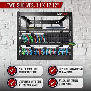 Open Frame 10U Rack for Networking, Servers, Audio, and Video Equipment, Heavy Duty 1U Vented Shelves, Wall Mounted Hardware or Floor Standing Support