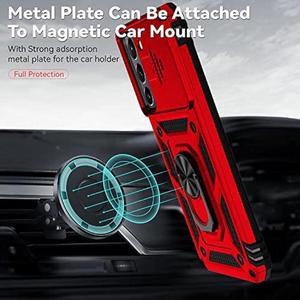 for Samsung Galaxy S22 Case with Camera Lens Cover HD Screen Protector, Dual Layer Military-Grade Drop Tested Magnetic Ring Holder Kickstand Protective Phone Case for Samsung Galaxy S22 5G (Red)