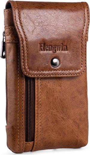 Hengwin Leather Cell Phone Holster Fits for iPhone 15 Pro 14 Pro 13 Pro 12 Pro 11 Pro Samsung Galaxy S24 Pouch Case with Belt Clip Belt Loop Card Holder, Waist Purse Mobile Phone Bag for Belt (Brown)