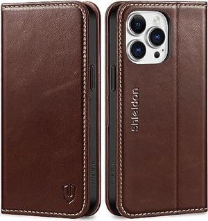 SHIELDON Case for iPhone 15 Pro Max 5G 2023, Genuine Leather Flip Wallet Magnetic Cover Kickstand RFID Blocking Credit Card Holder Protective Case Compatible with iPhone 15 Pro Max 6.7 - Retro Coffee