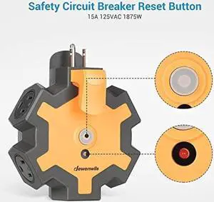 DEWENWILS Outdoor Extension Cord Power Adapter, Heavy Duty 5-Outlet Power Hub with Swivel Safety Covers, Widely-Spaced Power Outlet for Workshop, Jobsite, Garage, 15A Circuit Breaker (Orange)