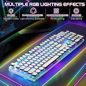 YSCP Typewriter Style Mechanical Gaming Keyboard RGB Backlit Wired with Blue Switch Retro Round Keycap 104 Keys Keyboard (Writertype Keyboard-104keys White)