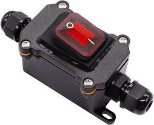 Hmknana IP67 Waterproof Inline Cord Switch 16A/250V 20A/125V AC DPST 4Pin 2 Position On Off Outdoor Toggle Switch with Red Light Rocker Button,Two-Side Entry & Exit Line