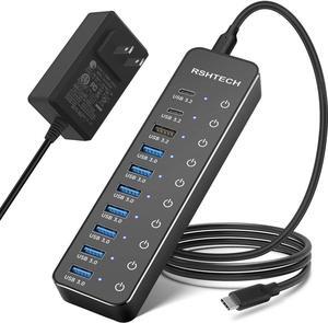 Powered USB Hub, RSHTECH 10-Port USB 3.2/USB C Hub 60W with 10Gbps USB-A 3.2, 2 USB-C 3.2, 7 USB 3.0 Ports, Individual Touch Switches and 3.3ft Cable, Hybrid USB Splitter for Laptop/PC, RSH-ST10C