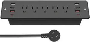 CCCEI Recessed Power Strip Surge Protector with 5 Outlets, USB Hub 3.0 USB-A and 45W USB-C Ports, Built in Furniture Desk Hidden Outlet, with 6 FT 45 Degree Flat Plug Extension Cord.